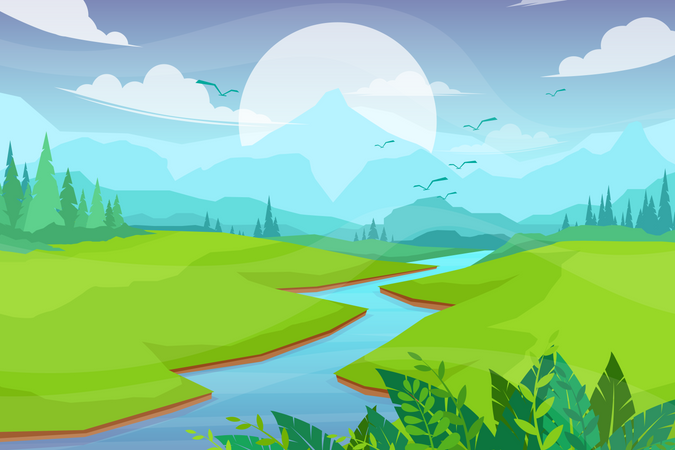 Nature scene with river and hills  Illustration