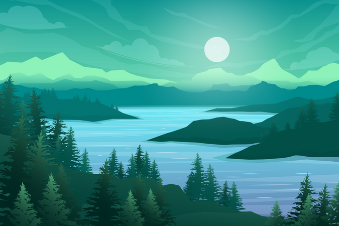 Nature scene with river and hills  Illustration