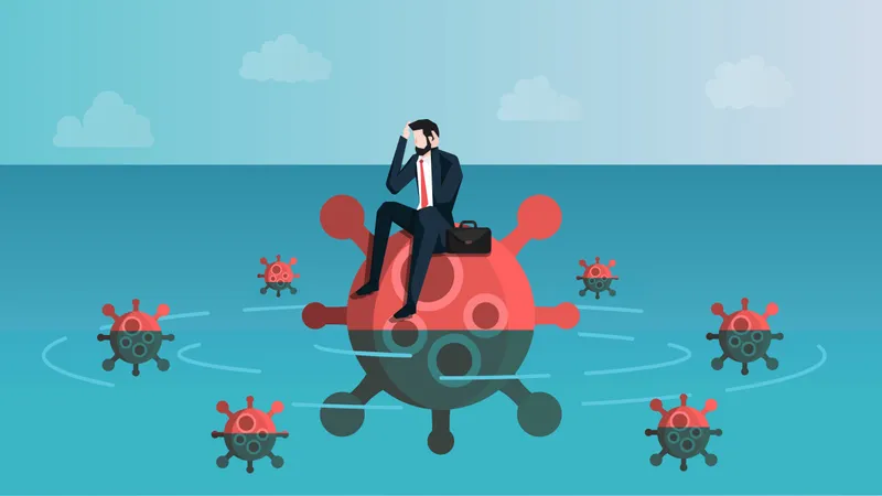 Un homme d'affaires naufragé ressent de l'anxiété alors qu'il est assis sur Virus Island  Illustration