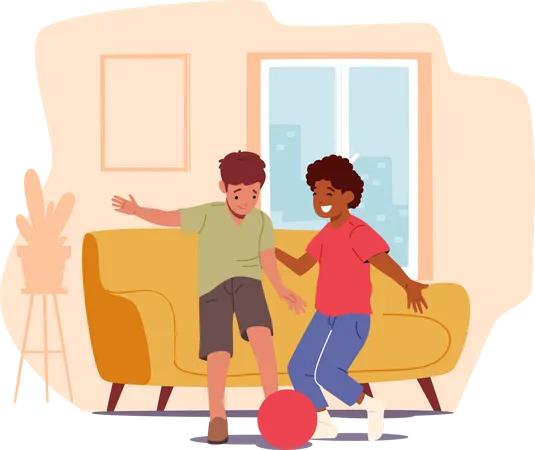 Naughty Children Playing Football at Home Illustration