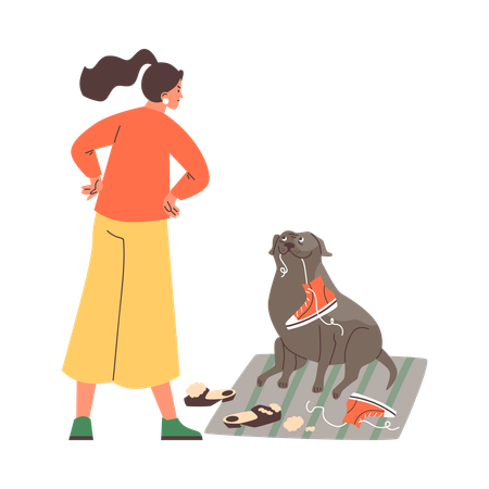 Naughty dog chewing shoes while pet owner getting angry  Illustration