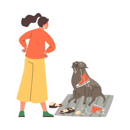 Naughty dog chewing shoes while pet owner getting angry  Illustration