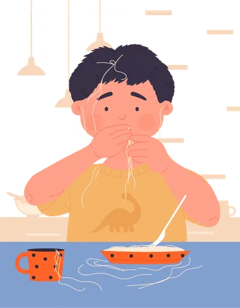 Naughty kid having breakfast  イラスト