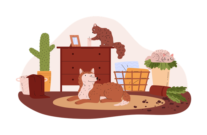 Naughty pets making home mess  Illustration