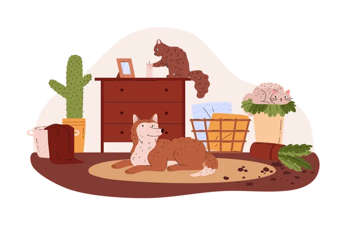 Naughty pets making home mess  Illustration