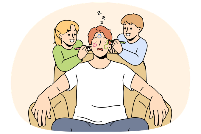 Naughty smiling children draw on sleeping father face  Illustration