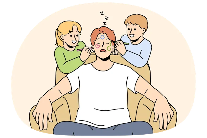 Naughty smiling children draw on sleeping father face  Illustration