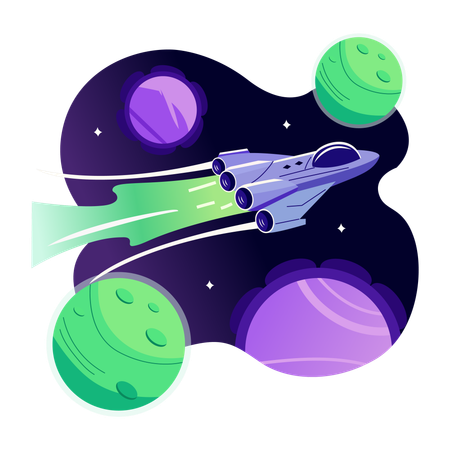 Nave espacial volando entre los planetas  Ilustración