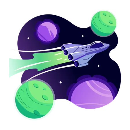 Nave espacial volando entre los planetas  Ilustración