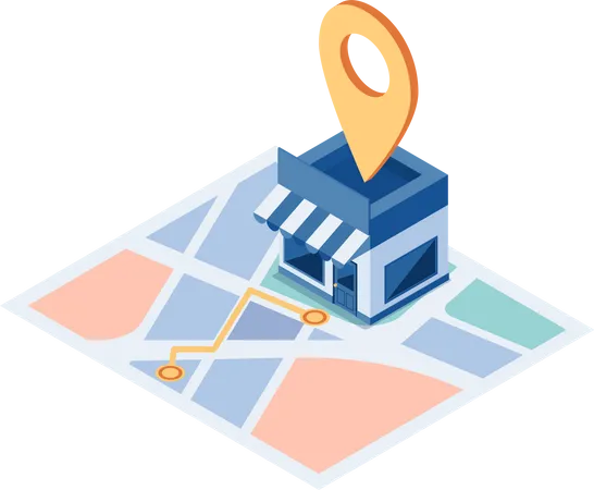 Tienda De Compras Isometrica Plana 3 D En El Mapa Con Navegacion GPS Concepto De Navegacion GPS Y Ubicaciones De Tiendas Ilustración