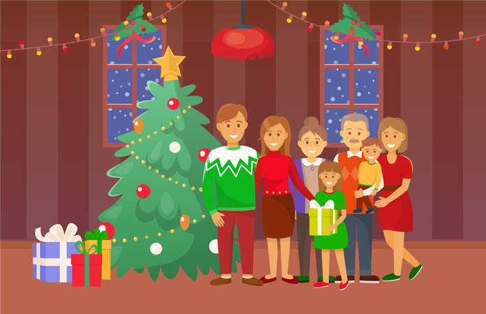 Navidad, familia, posición, por, pino, feriado  Ilustración