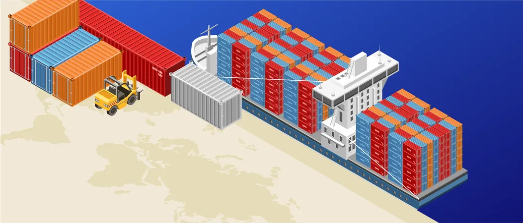 Navio de carga com contêineres no porto de carga  Ilustração