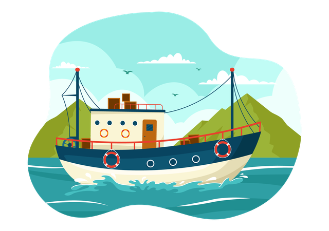 Navio de pesca no oceano  Ilustração