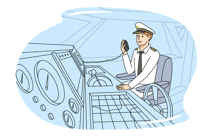Piloto de navio comunicando-se usando intercomunicador  Ilustração