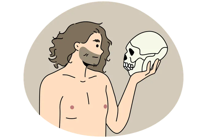 Neanderthal man with ancestor skull in hands  Illustration