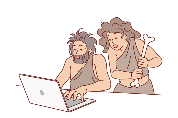 Neanderthal people use laptop and shocked to learn new technologies  イラスト