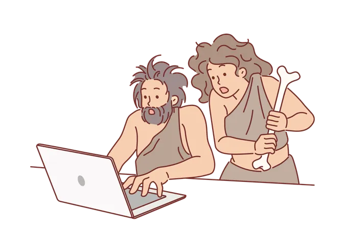 Neanderthal People Use Laptop And Shocked To Learn New Technologies For Concept Of Time Travel Ancient Neanderthal Man And Woman Dressed In Animal Skins Learned About Existence Of Internet Illustration