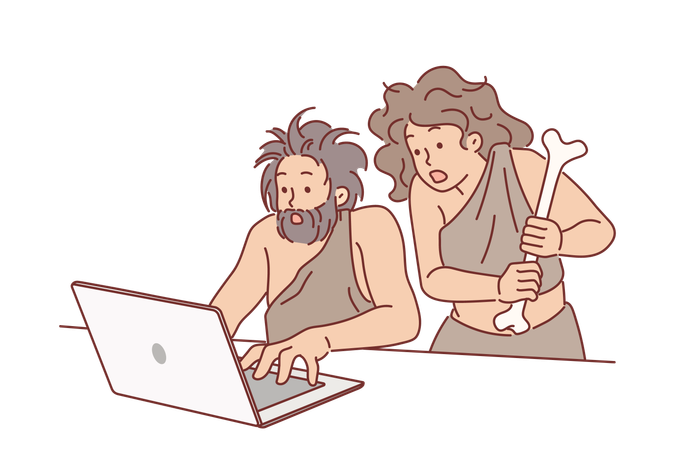 Neanderthal people use laptop and shocked to learn new technologies  Illustration