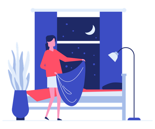 Neat woman making bed flat vector illustration Illustration