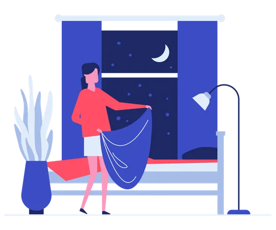 Neat woman making bed flat vector illustration  Illustration