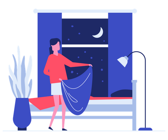 Neat woman making bed flat vector illustration  Illustration