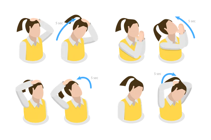 3 D Isometric Flat Vector Illustration Of Neck Stretches Instructions Easy Office Workout Illustration