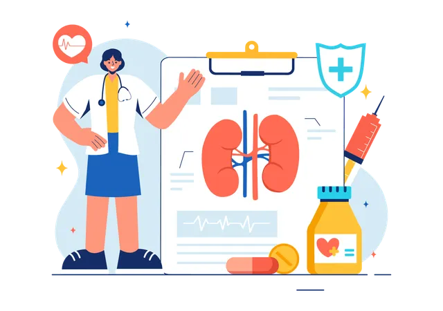 Nefrologista feminina explicando sobre doença renal  Ilustração