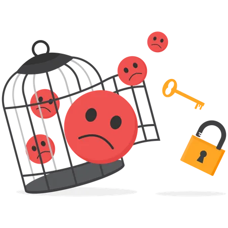 Negative Emoticons With Key Free Himself From Cage Modern Vector Illustration In Flat Style Illustration