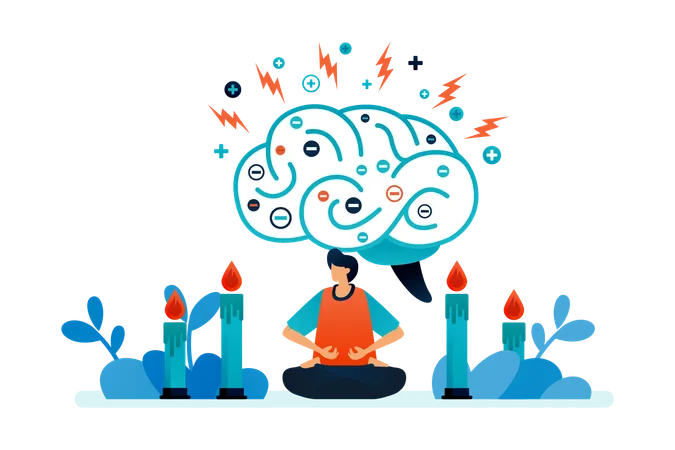 Illustration Of Negative Mind Meditation For Healthy Healing Spiritual Relaxation Anti Depression Ease Mind Treatment Vector Cartoon For Website Homepage Header Landing Web Page Template Apps Illustration