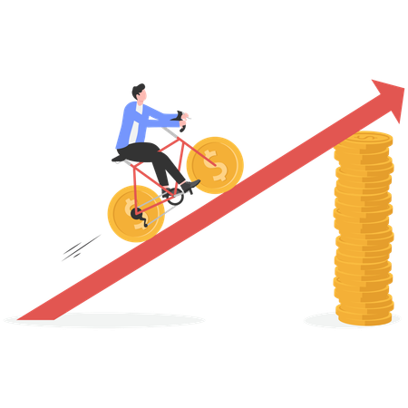 Negócios andando de bicicleta na seta de crescimento empresarial  Ilustração