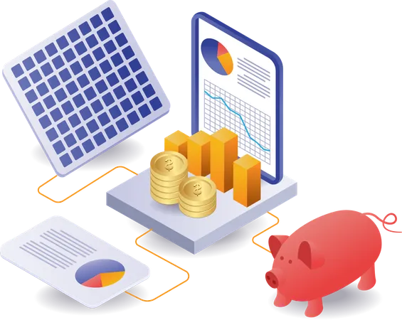Negocio de inversión con tecnología de paneles solares.  Ilustración