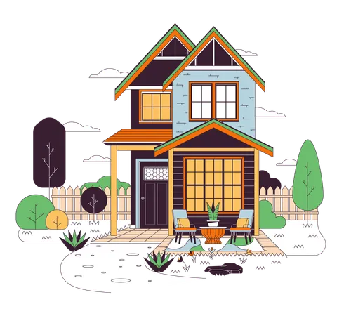 Neighborhood Single Family Home Line Cartoon Flat Illustration Small Dwelling Porch Chairs 2 D Lineart Object Isolated On White Background Real Estate Housing Exterior Scene Vector Color Image Illustration