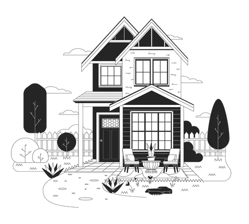 Neighborhood Single Family Home Black And White Cartoon Flat Illustration Small Dwelling Porch Chairs 2 D Lineart Object Isolated Real Estate Housing Exterior Monochrome Scene Vector Outline Image Illustration