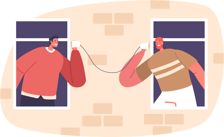 Neighbors Male Ingeniously Communicate Via Rope Telephone  Illustration