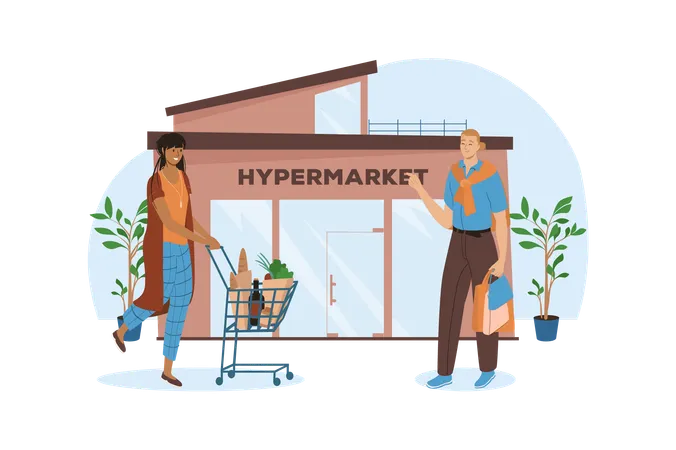Blue Concept Shop With People Scene In The Flat Cartoon Style Neighbors Met Near The Supermarket With Products Vector Illustration Illustration