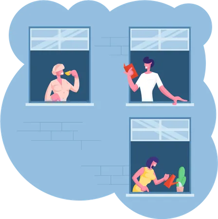 Outer Wall Of House With Different Young And Old People At Windows Happy Men And Women Look Out Of Apartments Drink Tea Watering Plant Read Human Lifestyle Concept Cartoon Flat Vector Illustration Illustration