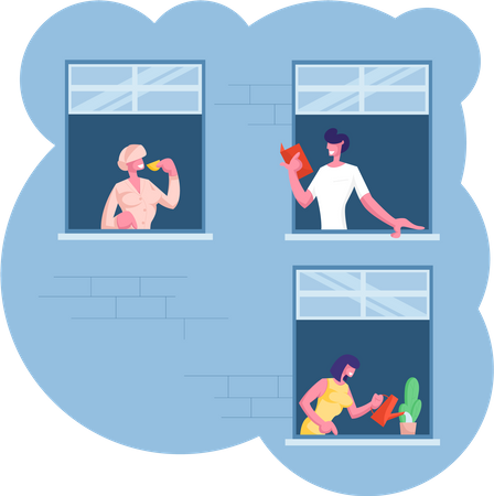 Neighbours communicating through windows in the apartment  Illustration