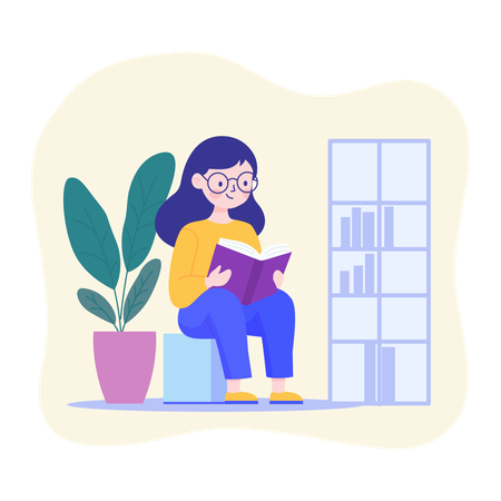 Nerd Girl Wearing Glasses Sitting Reading a Book in the Library  Illustration