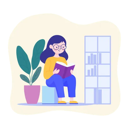 Nerd Girl Wearing Glasses Sitting Reading a Book in the Library  Illustration