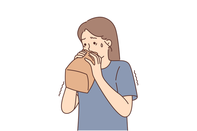 Nervous girl breathes into paper bag trying to cope  Illustration