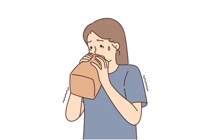 Nervous Girl Breathes Into Paper Bag Trying To Cope With Panic Attack Caused By Psychological Disorder Little Teenage Girl Experiencing Panic And Mental Problems Needs Help Of Psychotherapist Illustration