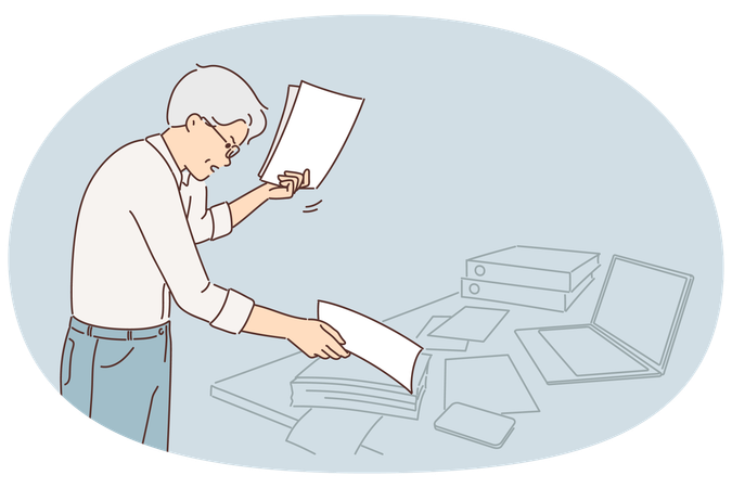 Nervous gray haired office worker doing paperwork and getting angry seeing errors in documentation  Illustration