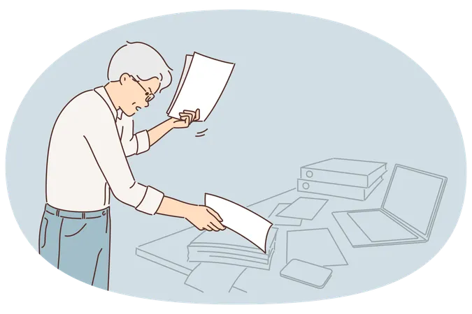 Nervous gray haired office worker doing paperwork and getting angry seeing errors in documentation  Illustration