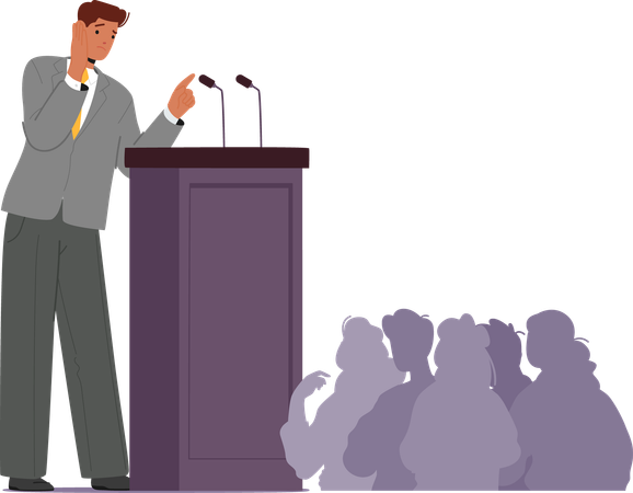 Nervous Man Experiencing Public Speaking Fear At  Podium Facing Audience  Illustration