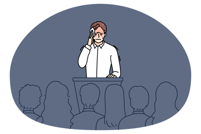 Nervous man scared of public speaking on stage  Illustration
