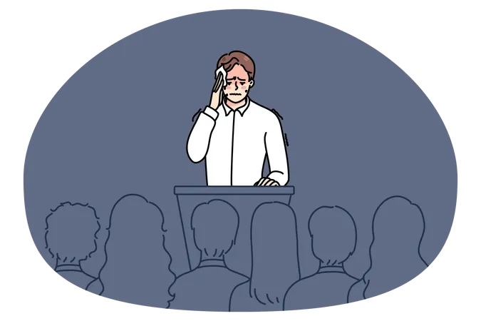 Nervous man scared of public speaking on stage  Illustration