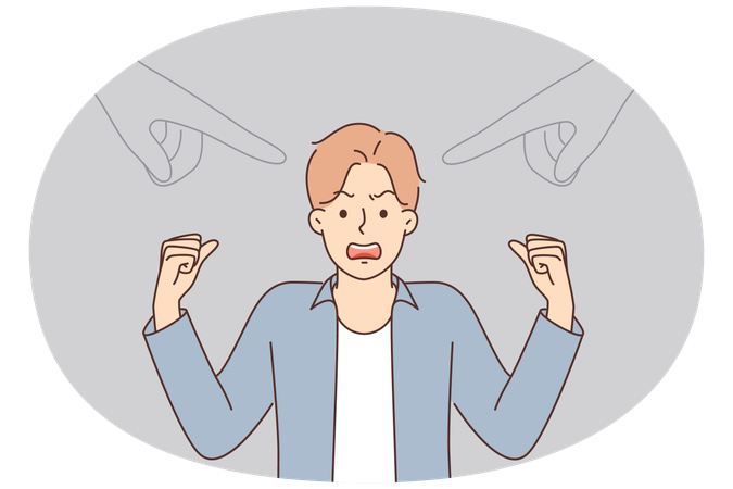Nervous man waving arms and getting angry standing near pointing fingers symbolizing public opinion  Illustration