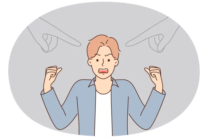 Nervous man waving arms and getting angry standing near pointing fingers symbolizing public opinion  Illustration
