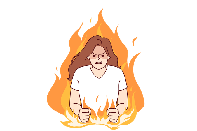 Nervous woman experiencing aggression due to psychological problems, standing in middle of flame  Illustration