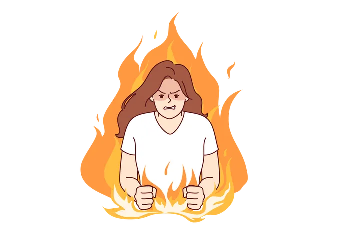 Nervous woman experiencing aggression due to psychological problems, standing in middle of flame  Illustration